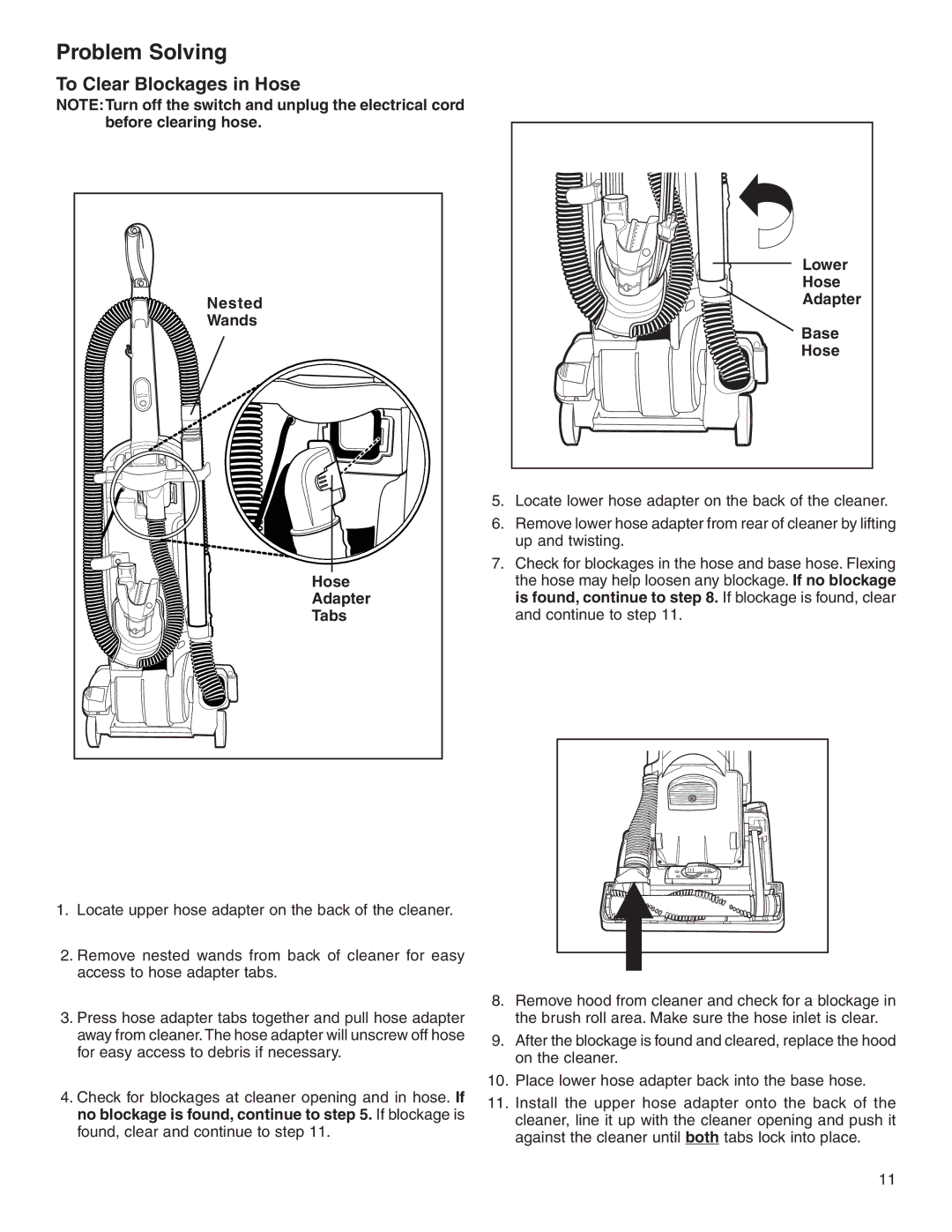 Sanitaire SC5800 Series warranty Problem Solving, To Clear Blockages in Hose, Lower 