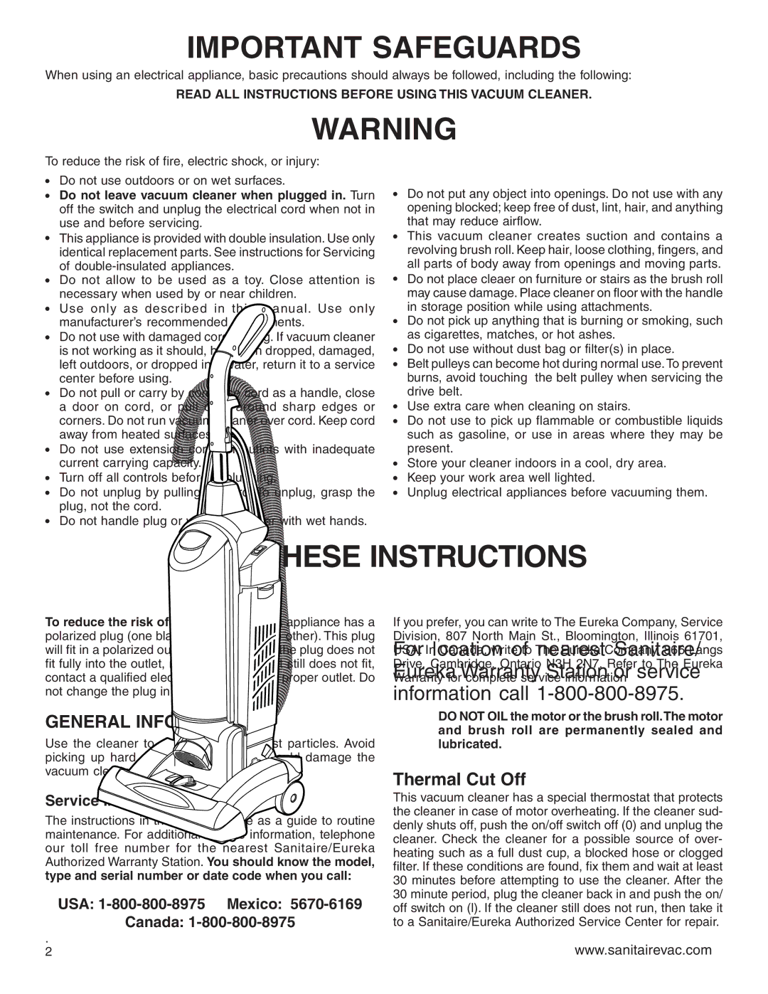 Sanitaire SC5800 Series General Information, Thermal Cut Off, Service Information, USA 1-800-800-8975 Mexico Canada 