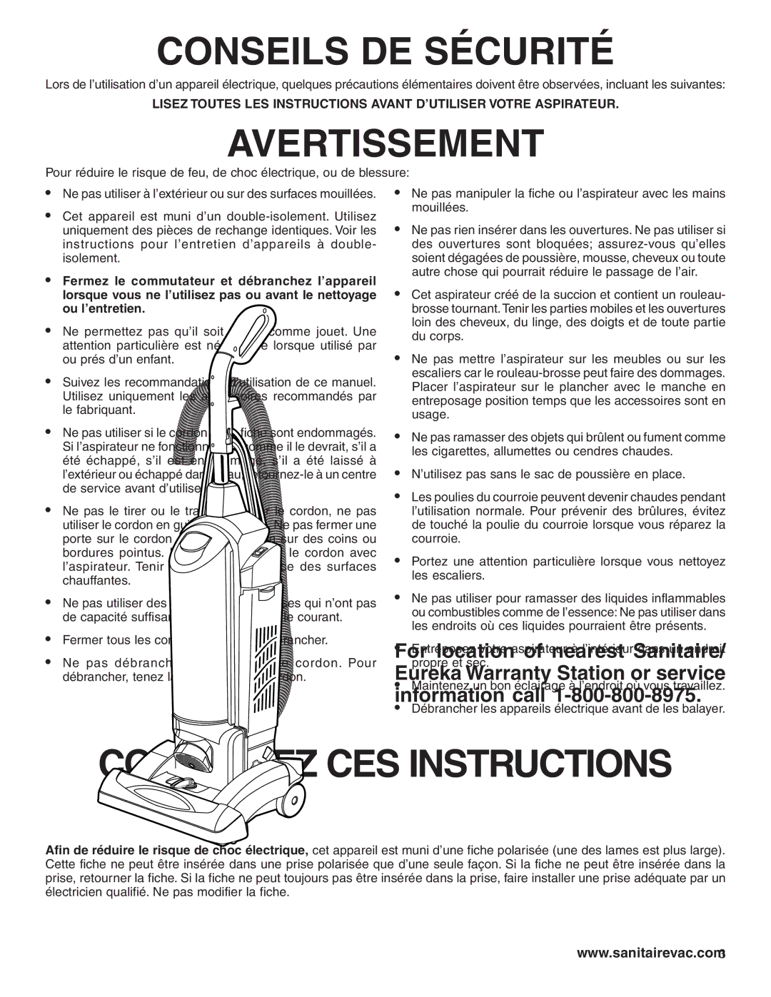 Sanitaire SC5800 Series warranty Conseils DE Sécurité 