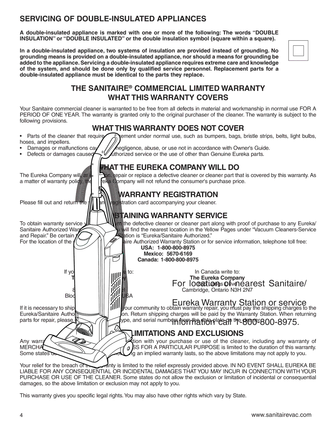 Sanitaire SC5800 Series Servicing of DOUBLE-INSULATED Appliances, What this Warranty does not Cover, Warranty Registration 