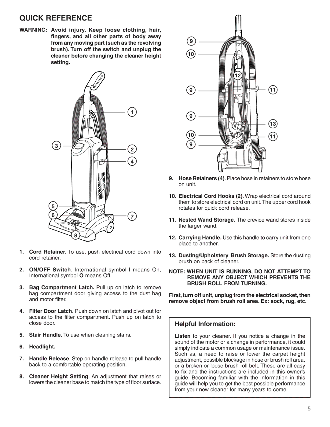 Sanitaire SC5800 Series warranty Quick Reference, Helpful Information 