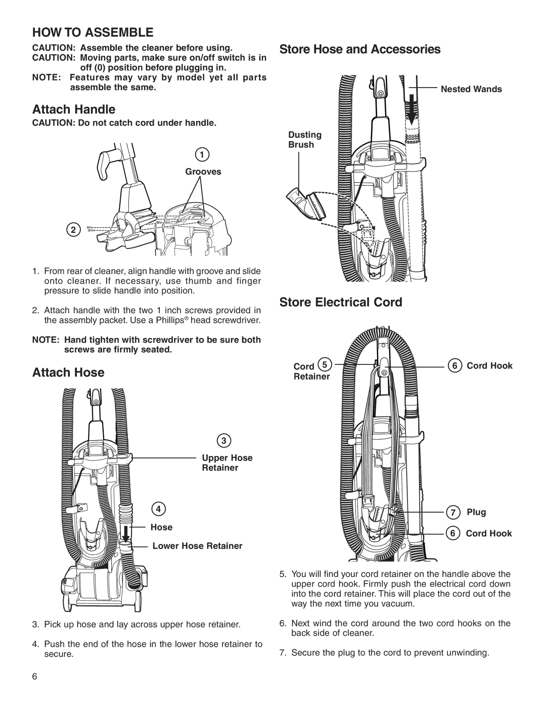 Sanitaire SC5800 Series HOW to Assemble, Attach Handle, Attach Hose, Store Hose and Accessories, Store Electrical Cord 