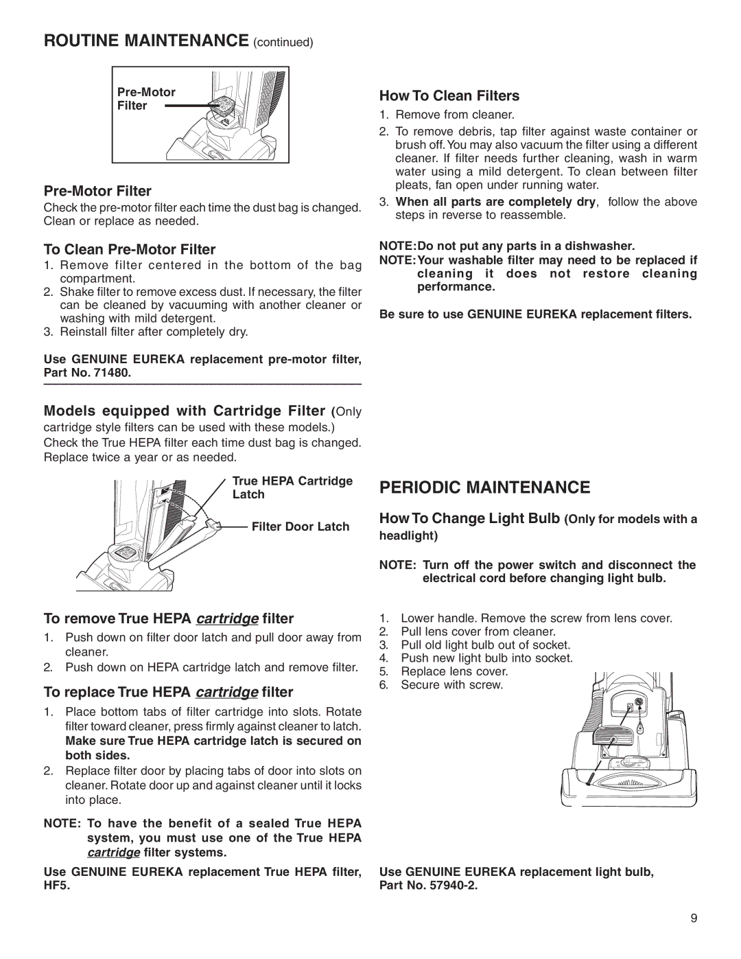 Sanitaire SC5800 Series warranty Routine Maintenance, Periodic Maintenance 