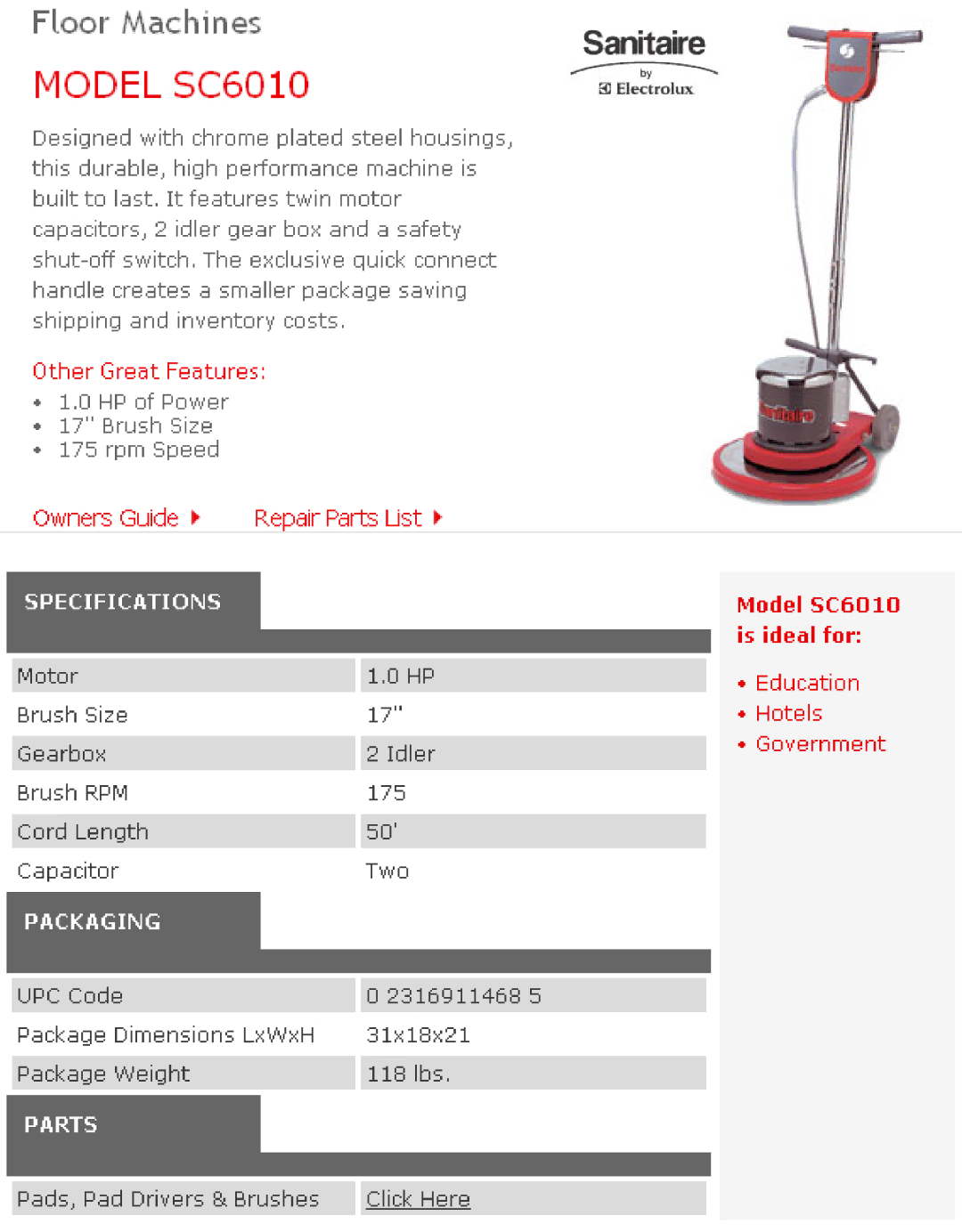 Sanitaire SC6010 manual 