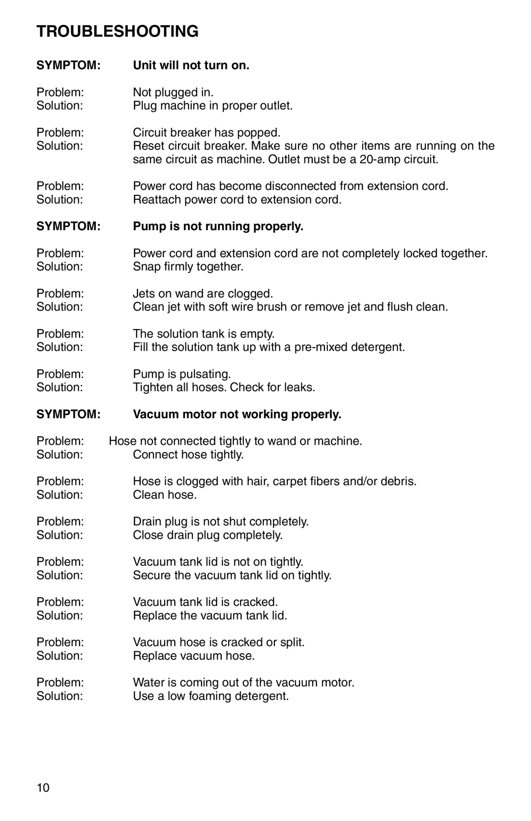 Sanitaire SC6070 Series warranty Troubleshooting, Symptom 