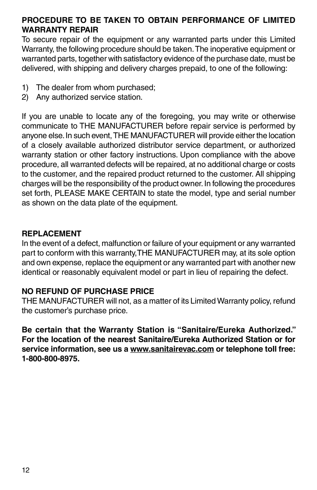 Sanitaire SC6070 Series warranty Replacement 