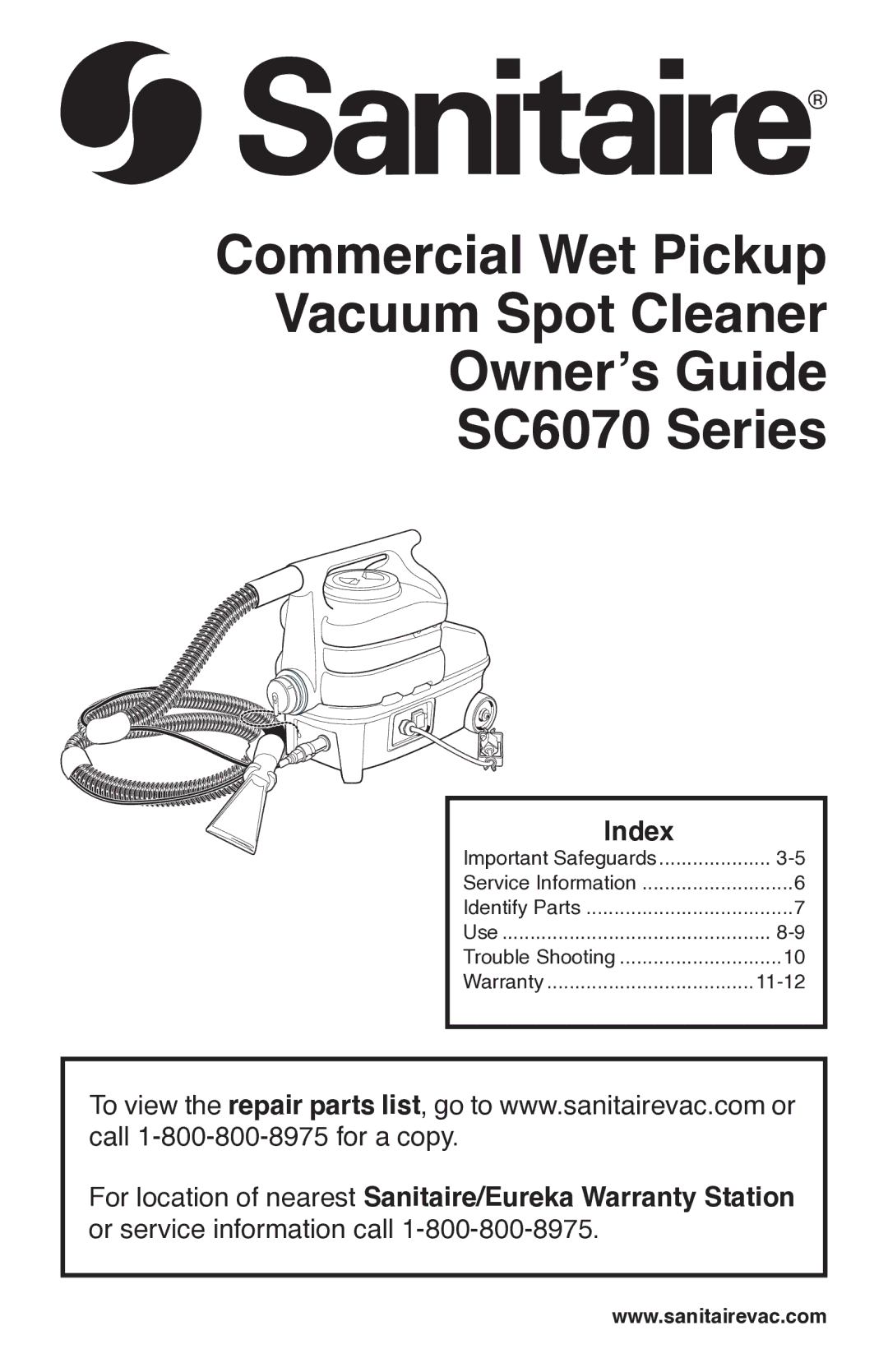 Sanitaire SC6070 warranty Index 