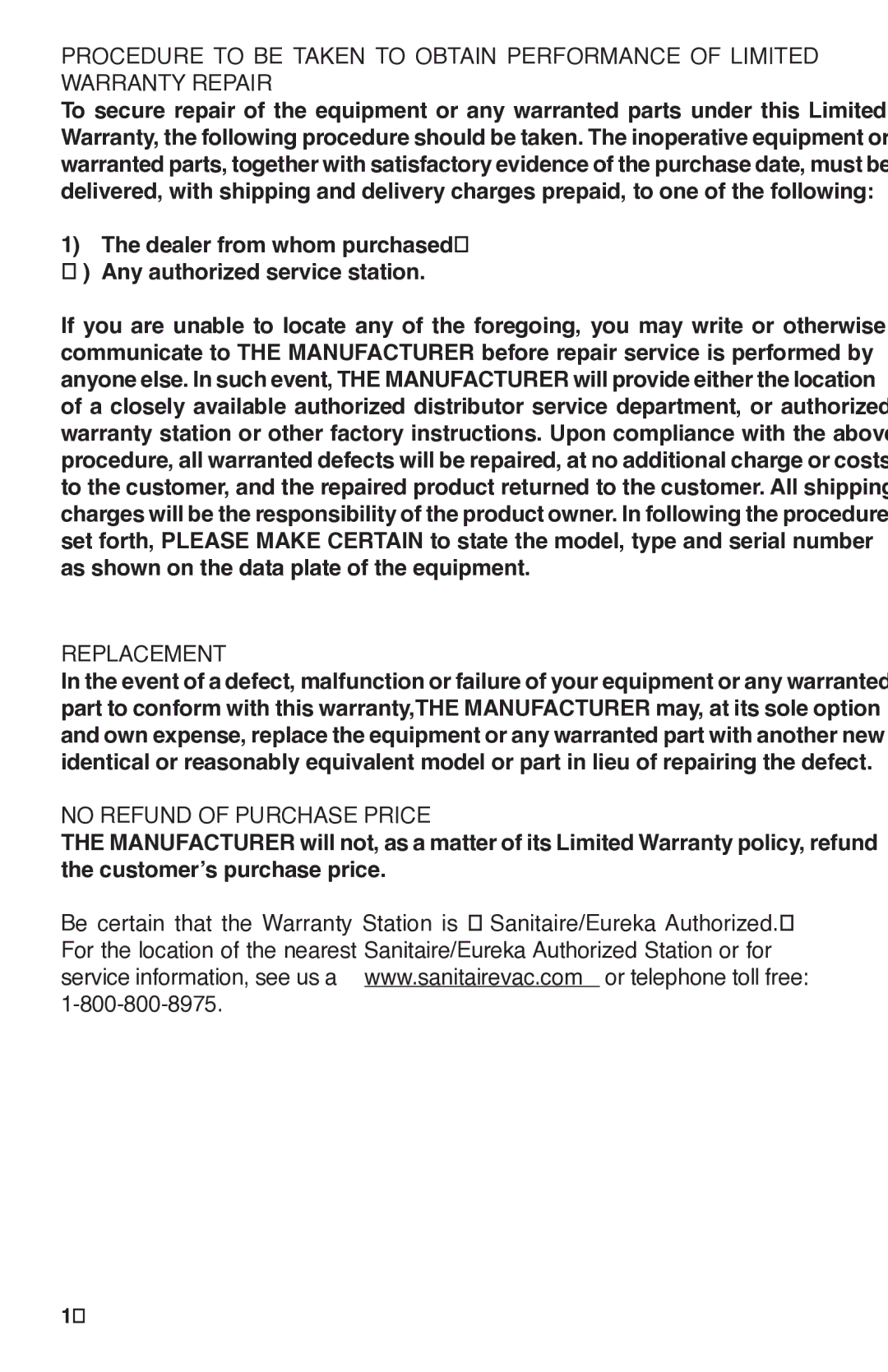 Sanitaire SC6070 warranty Replacement 