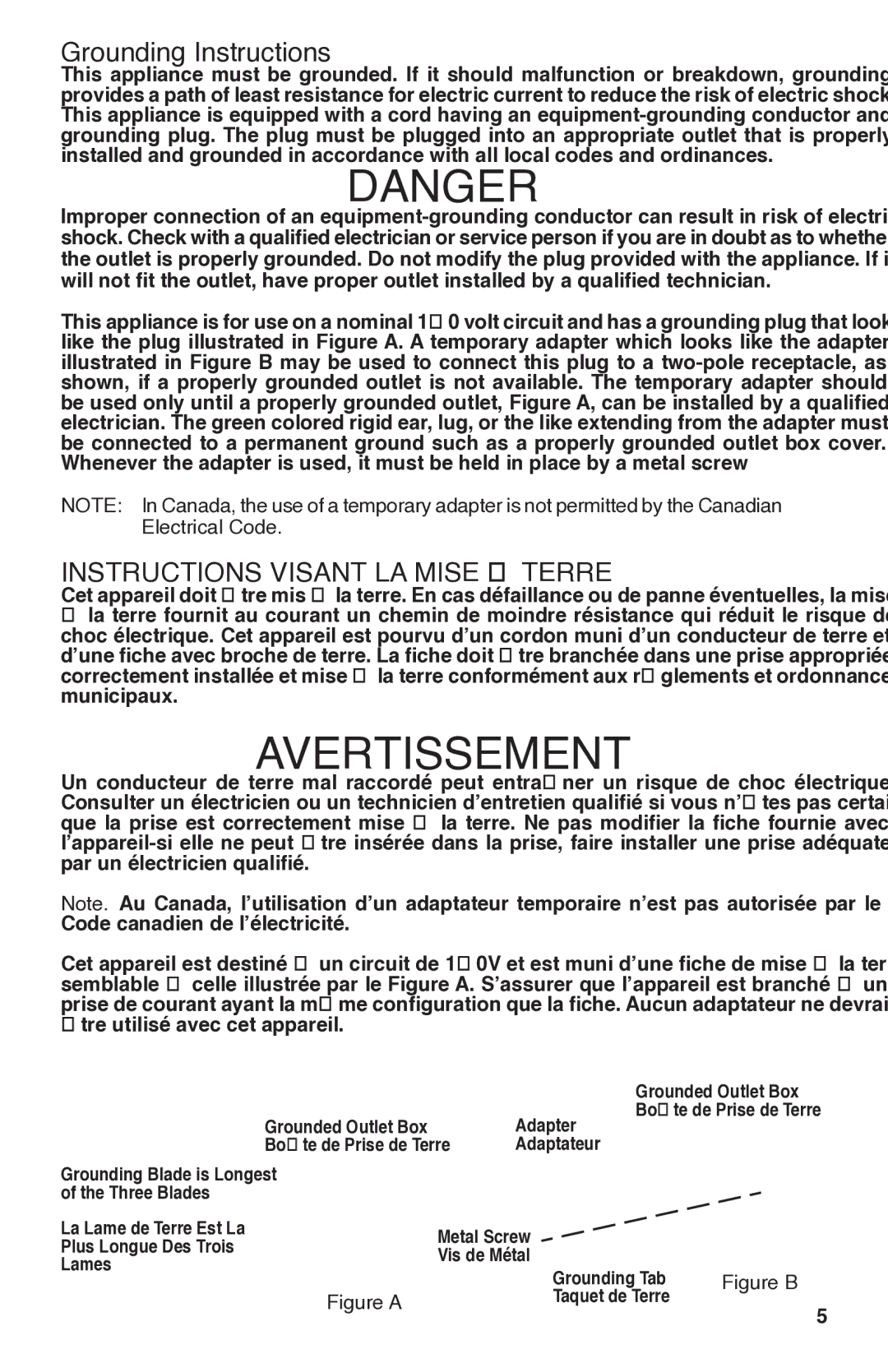 Sanitaire SC6070 warranty Grounding Instructions, Instructions Visant LA Mise À Terre 