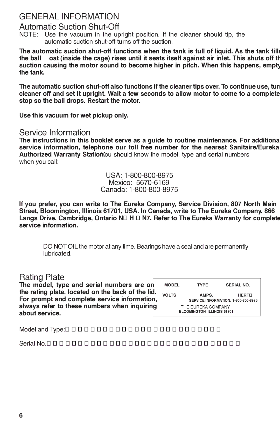 Sanitaire SC6070 warranty General Information, Automatic Suction Shut-Off, Service Information, Rating Plate 