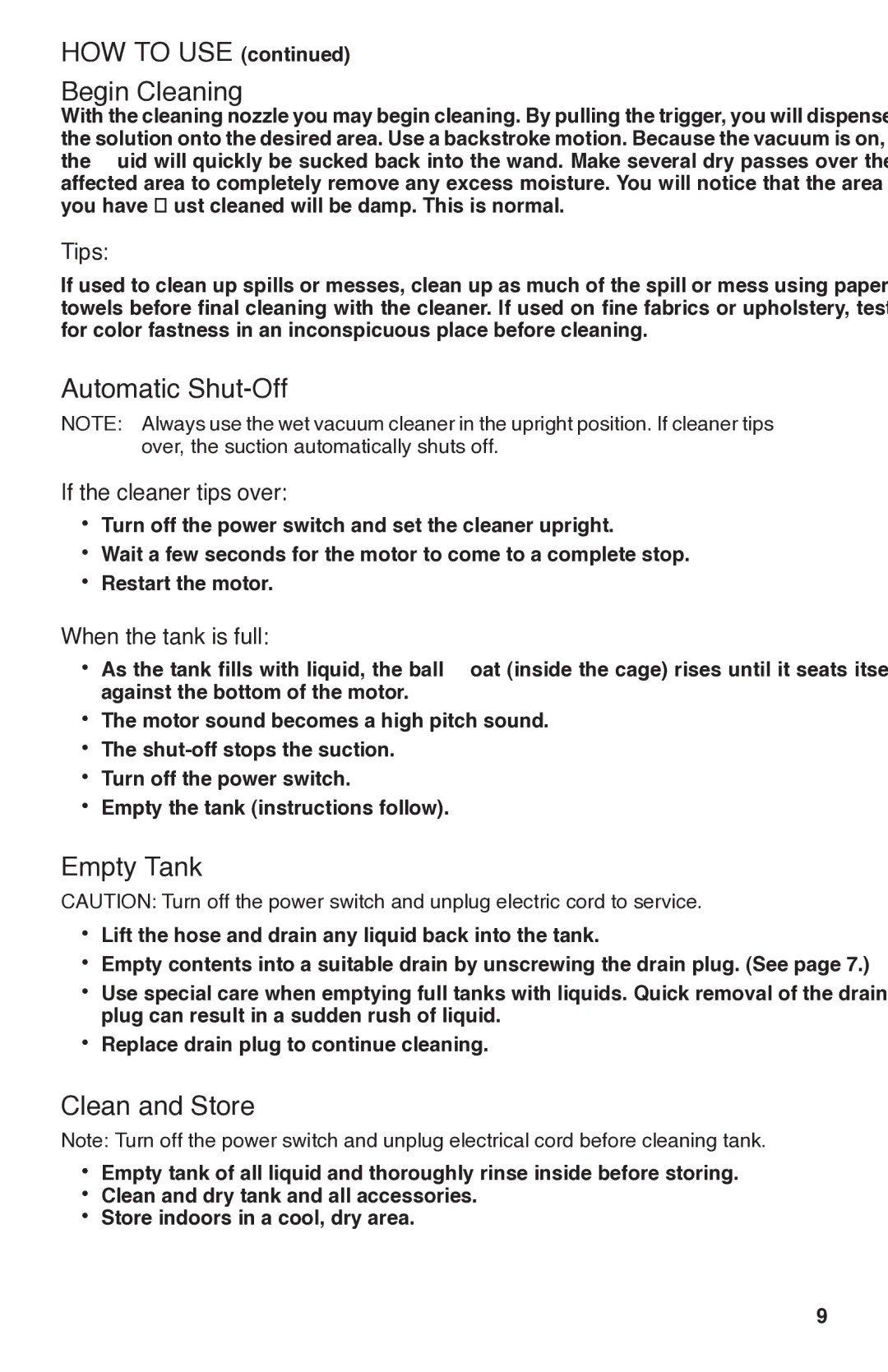 Sanitaire SC6070 warranty HOW to USE Begin Cleaning, Automatic Shut-Off, Empty Tank, Clean and Store 