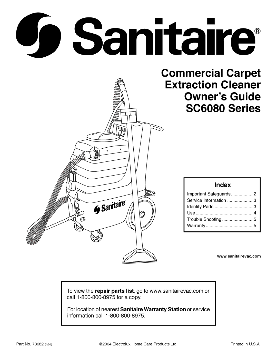 Sanitaire SC6080 warranty Index 