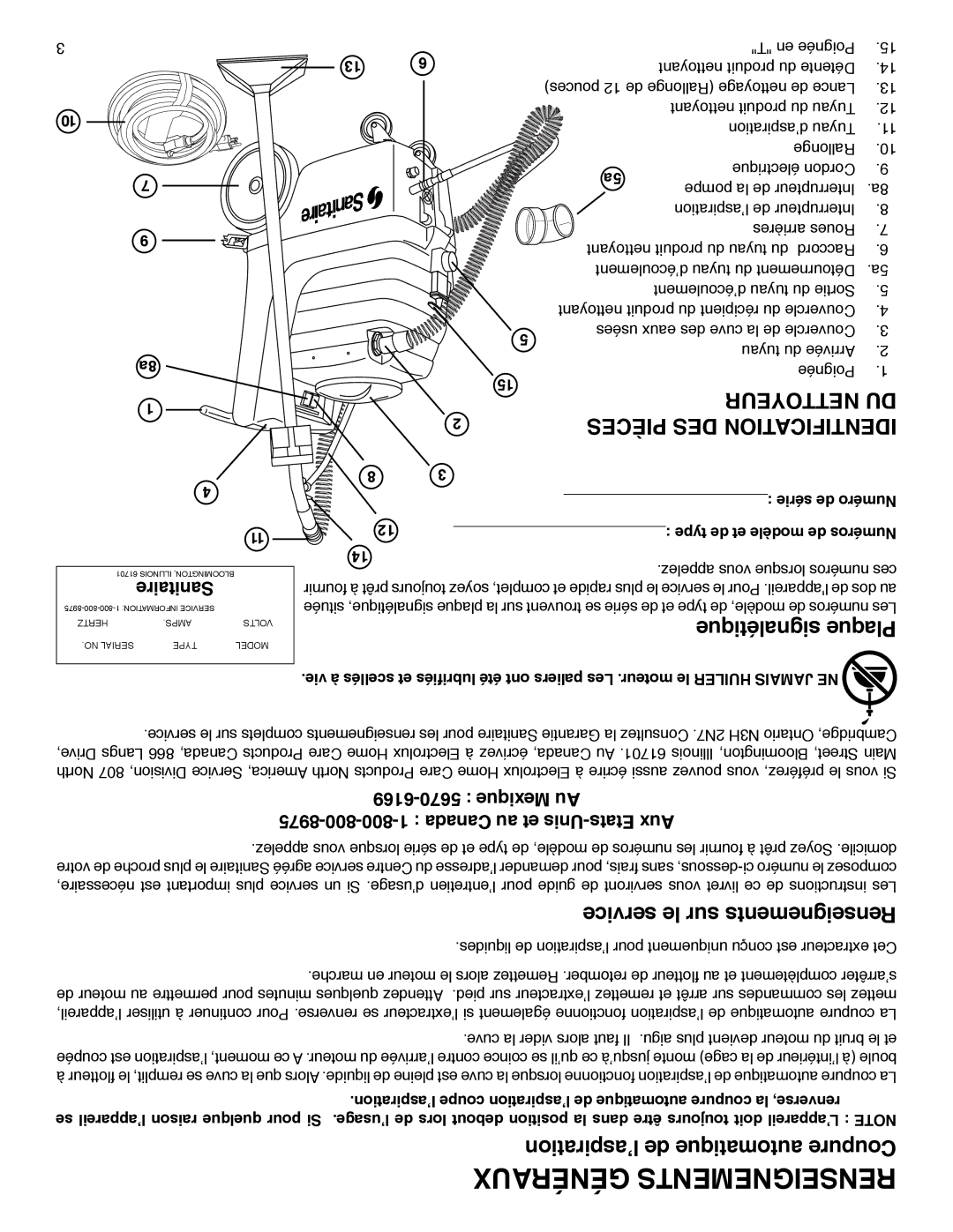 Sanitaire SC6080 warranty Lʼaspiration de automatique Coupure, Mexique Au 8975-800-800-1 Canada au et Unis-Etats Aux 