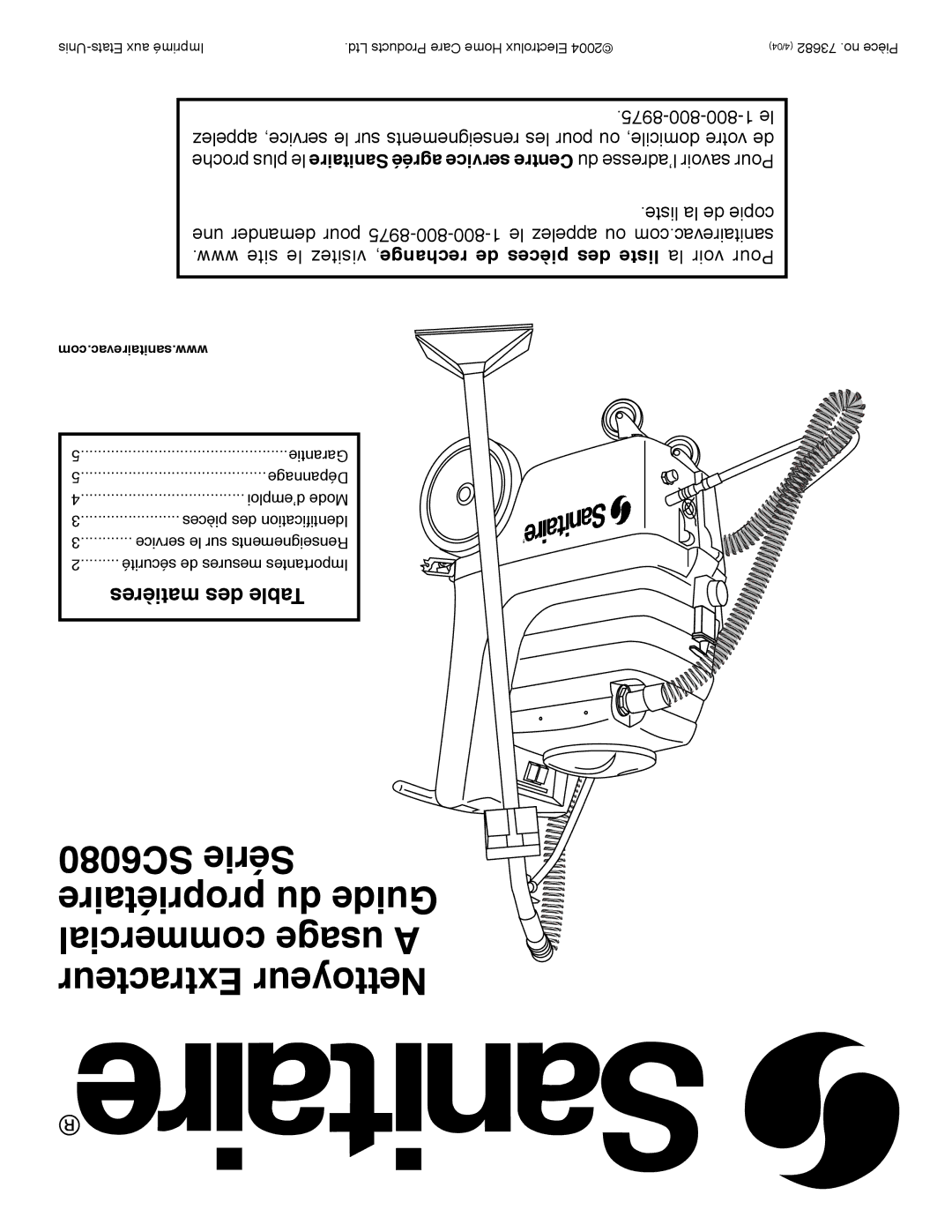 Sanitaire SC6080 warranty Matières des Table 