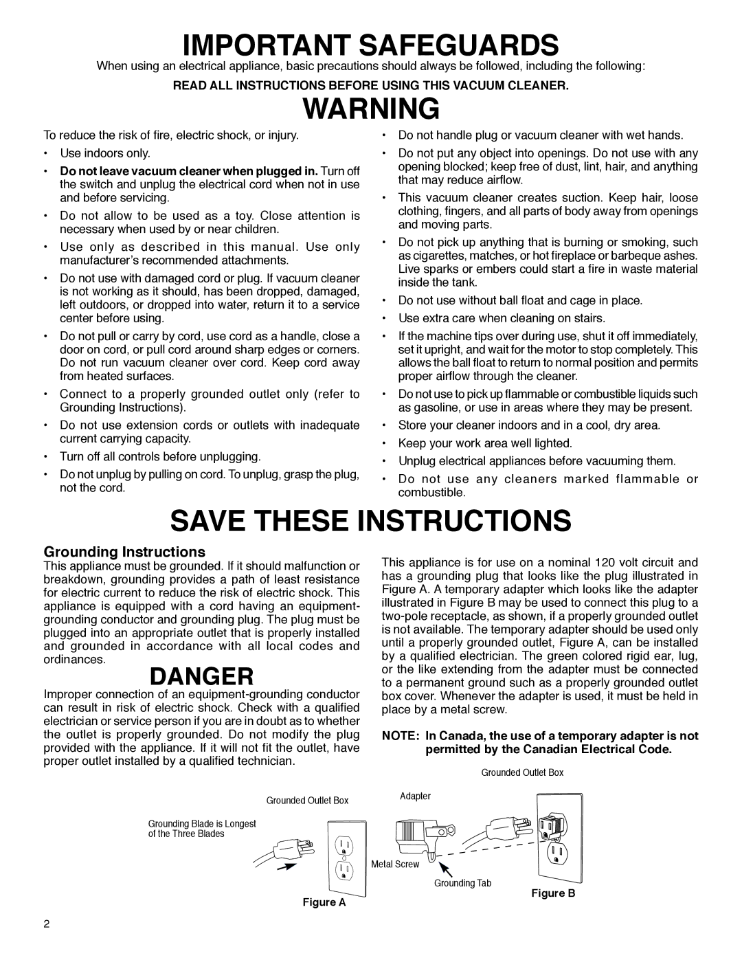 Sanitaire SC6080 warranty Important Safeguards, Grounding Instructions 