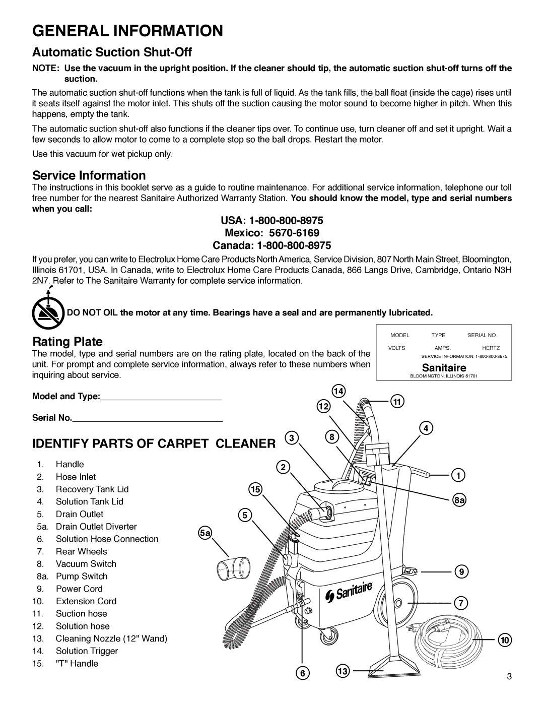 Sanitaire SC6080 warranty Automatic Suction Shut-Off, Service Information, Rating Plate, Identify Parts of Carpet Cleaner 