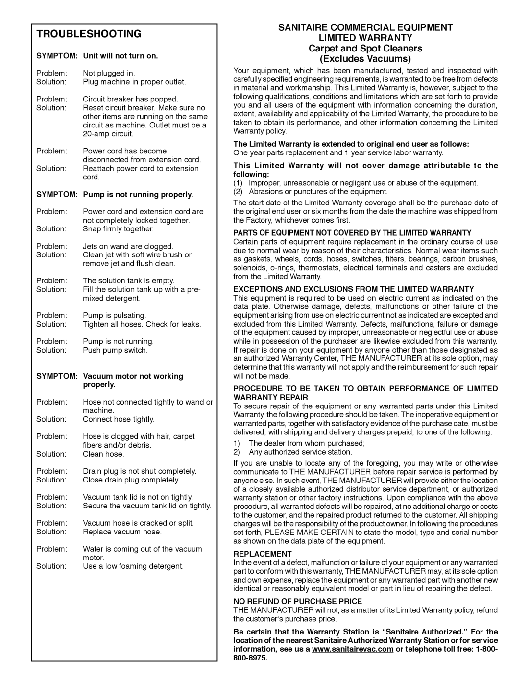 Sanitaire SC6080 warranty Troubleshooting, Carpet and Spot Cleaners Excludes Vacuums 