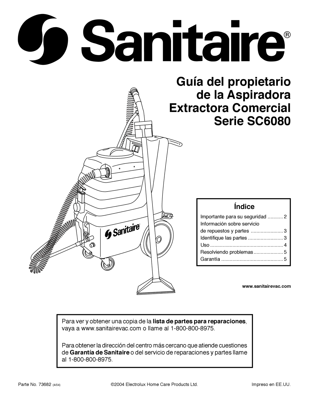 Sanitaire SC6080 warranty Índice 