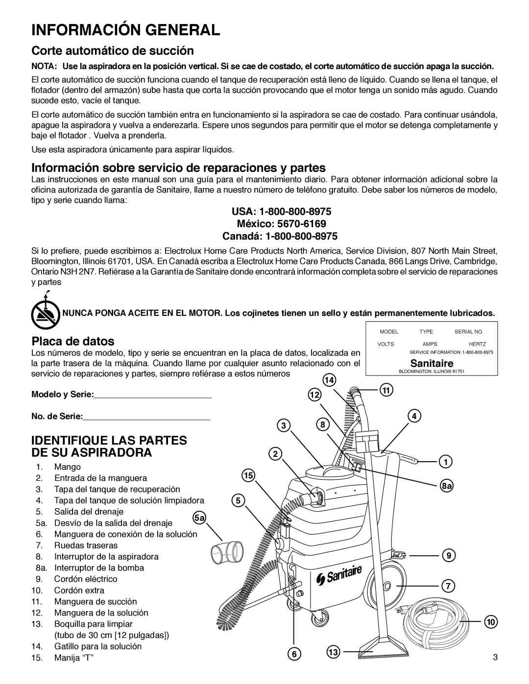 Sanitaire SC6080 warranty Corte automático de succión, Información sobre servicio de reparaciones y partes, Placa de datos 