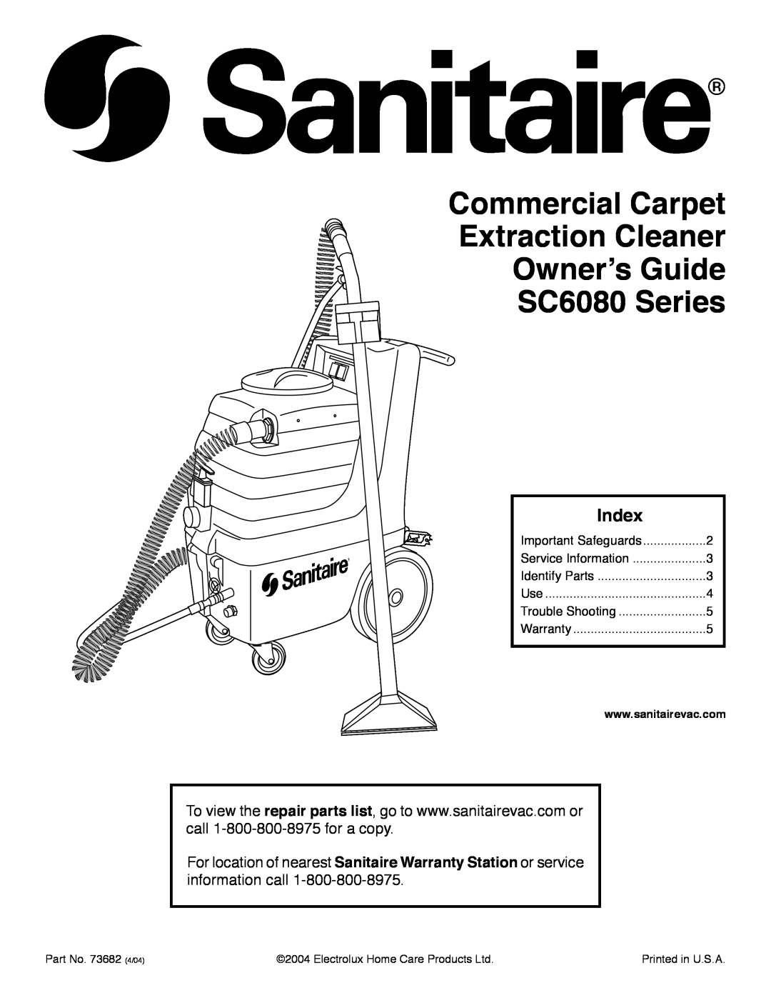 Sanitaire warranty Commercial Carpet Extraction Cleaner Ownerʼs Guide SC6080 Series, Index 