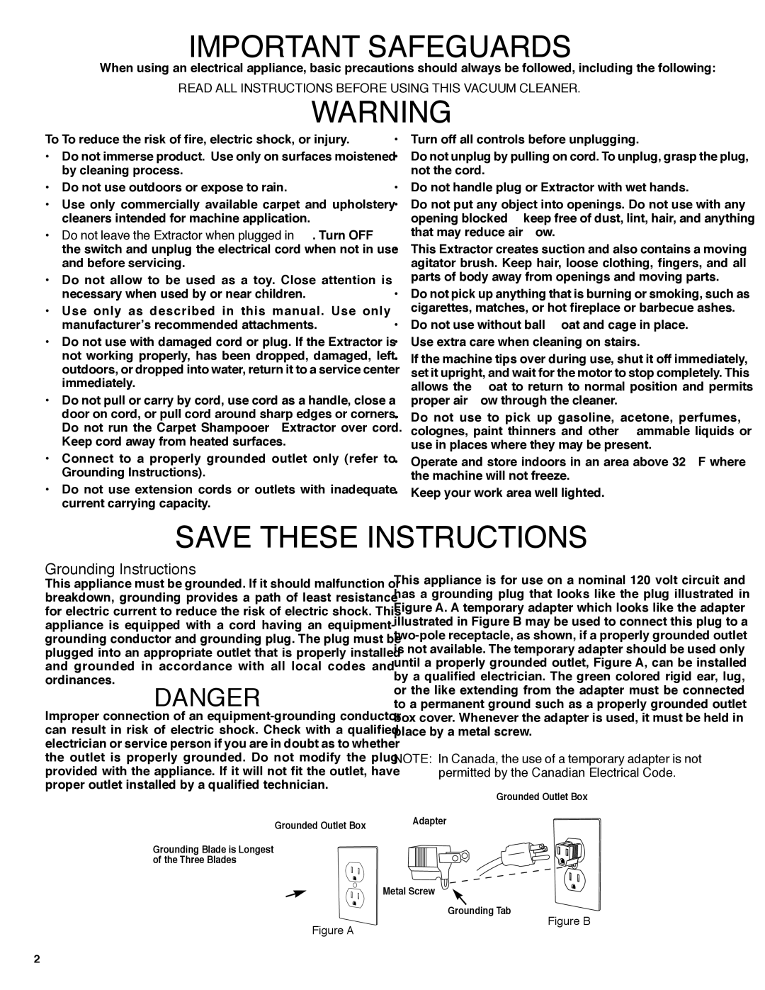 Sanitaire SC6090 Series warranty Important Safeguards, Grounding Instructions 