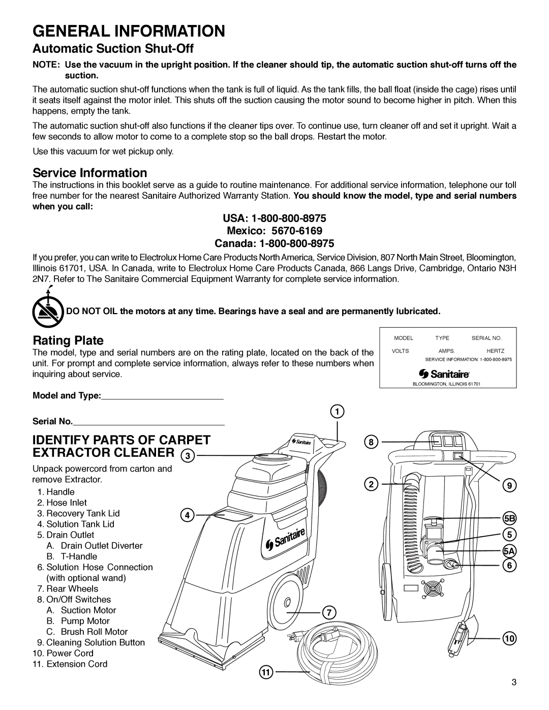 Sanitaire SC6090 Series warranty General Information, Automatic Suction Shut-Off, Service Information, Rating Plate 