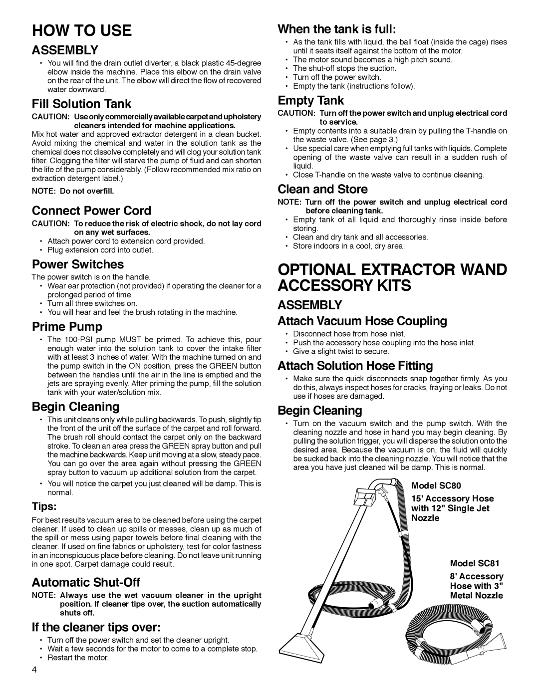 Sanitaire SC6090 Series warranty HOW to USE, Optional Extractor Wand Accessory Kits 