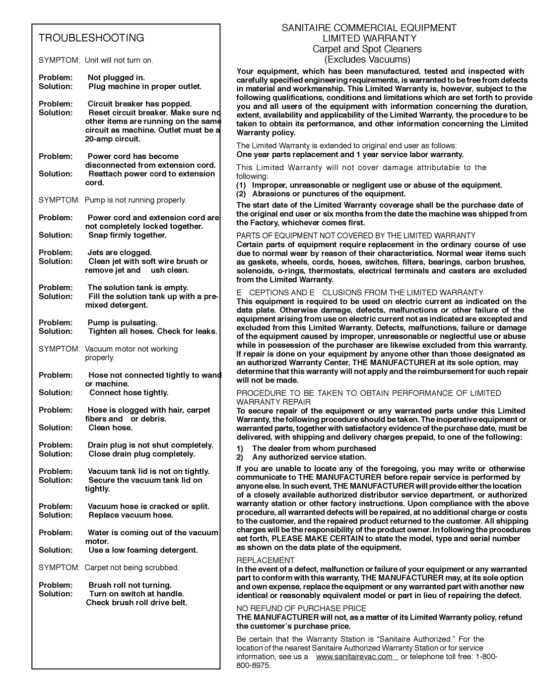 Sanitaire SC6090 Series warranty Troubleshooting 