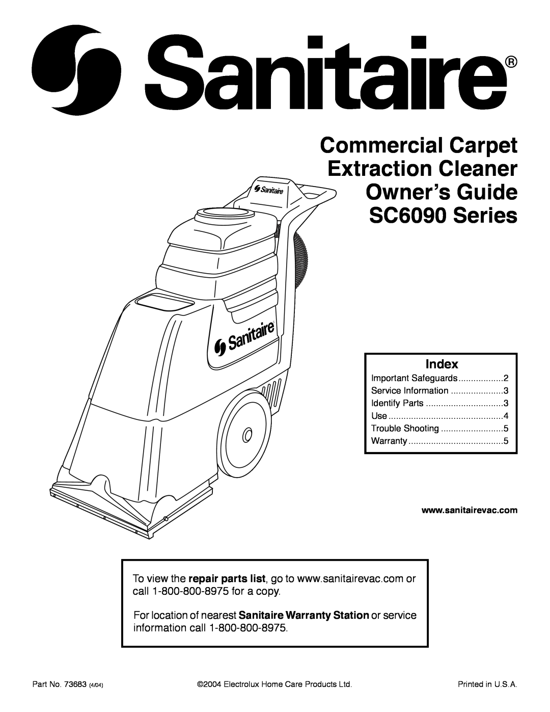 Sanitaire warranty Commercial Carpet Extraction Cleaner Ownerʼs Guide SC6090 Series, Index 