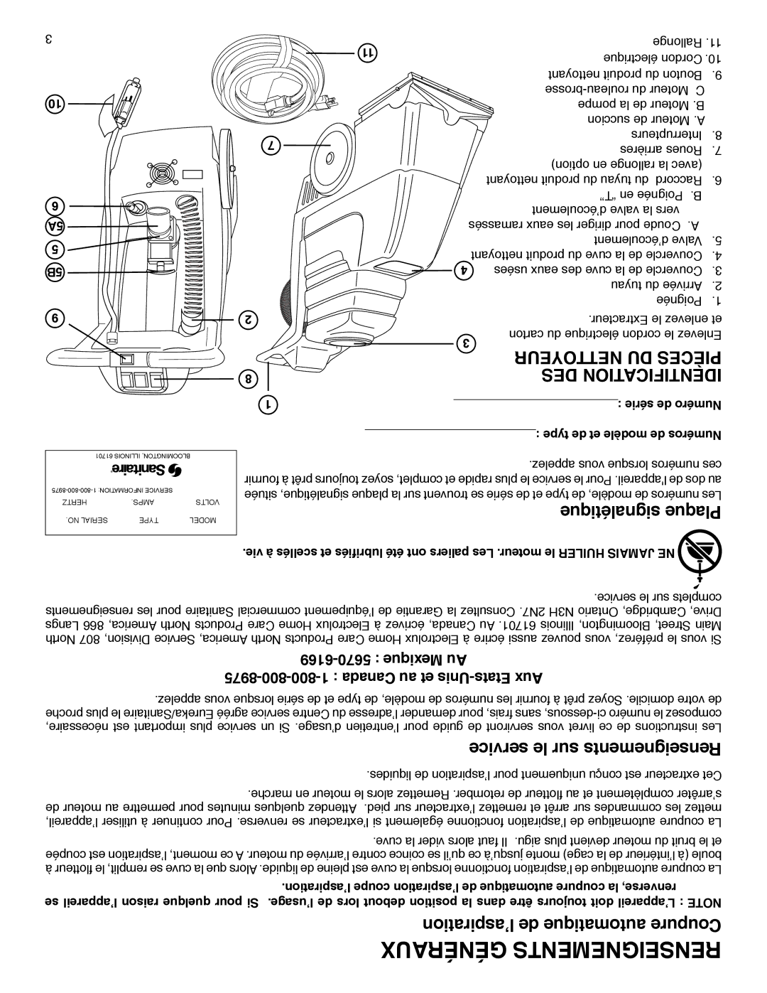 Sanitaire SC6090 warranty Généraux Renseignements, Service le sur Renseignements, Lʼaspiration de automatique Coupure 