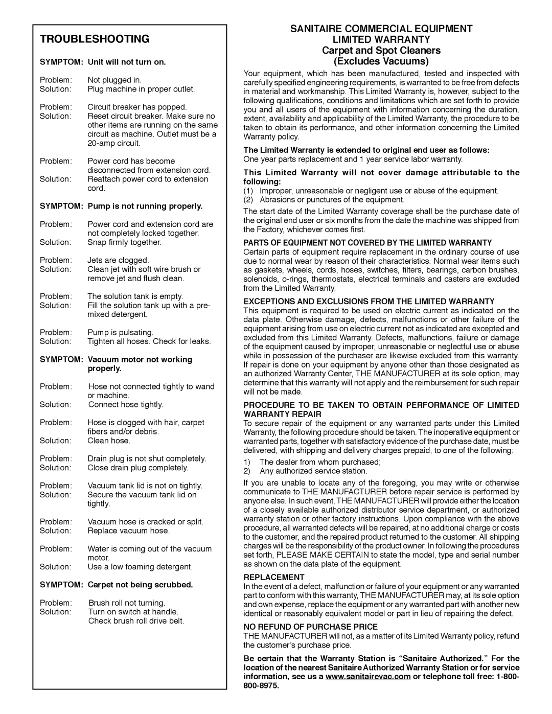 Sanitaire SC6090 warranty Troubleshooting, Carpet and Spot Cleaners Excludes Vacuums 