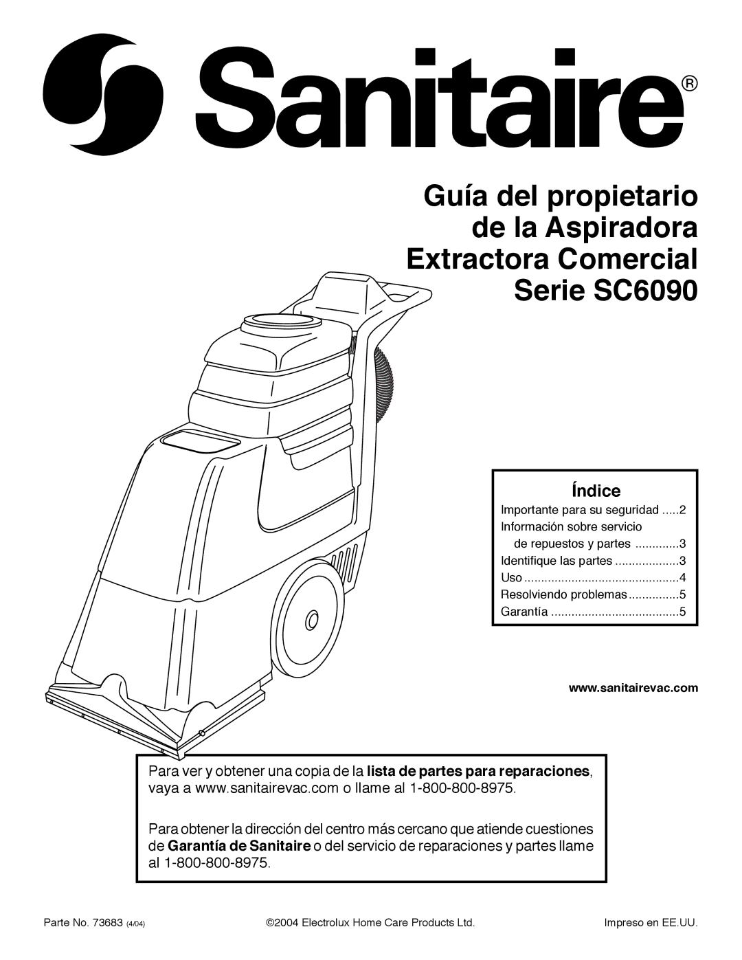 Sanitaire SC6090 warranty Índice 