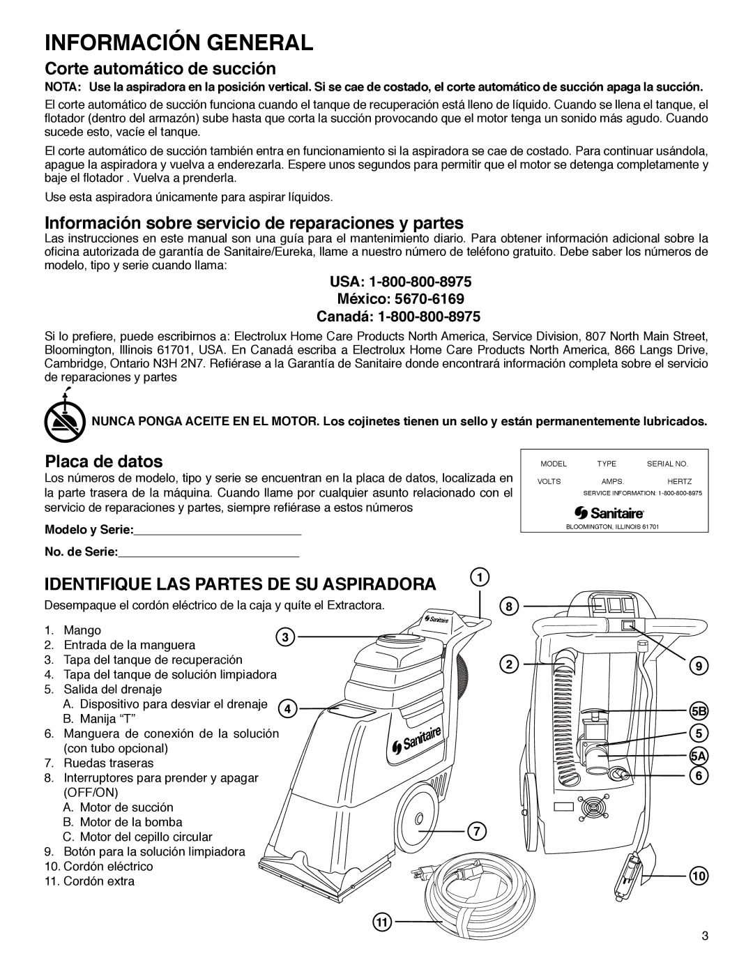 Sanitaire SC6090 Información General, Corte automático de succión, Información sobre servicio de reparaciones y partes 