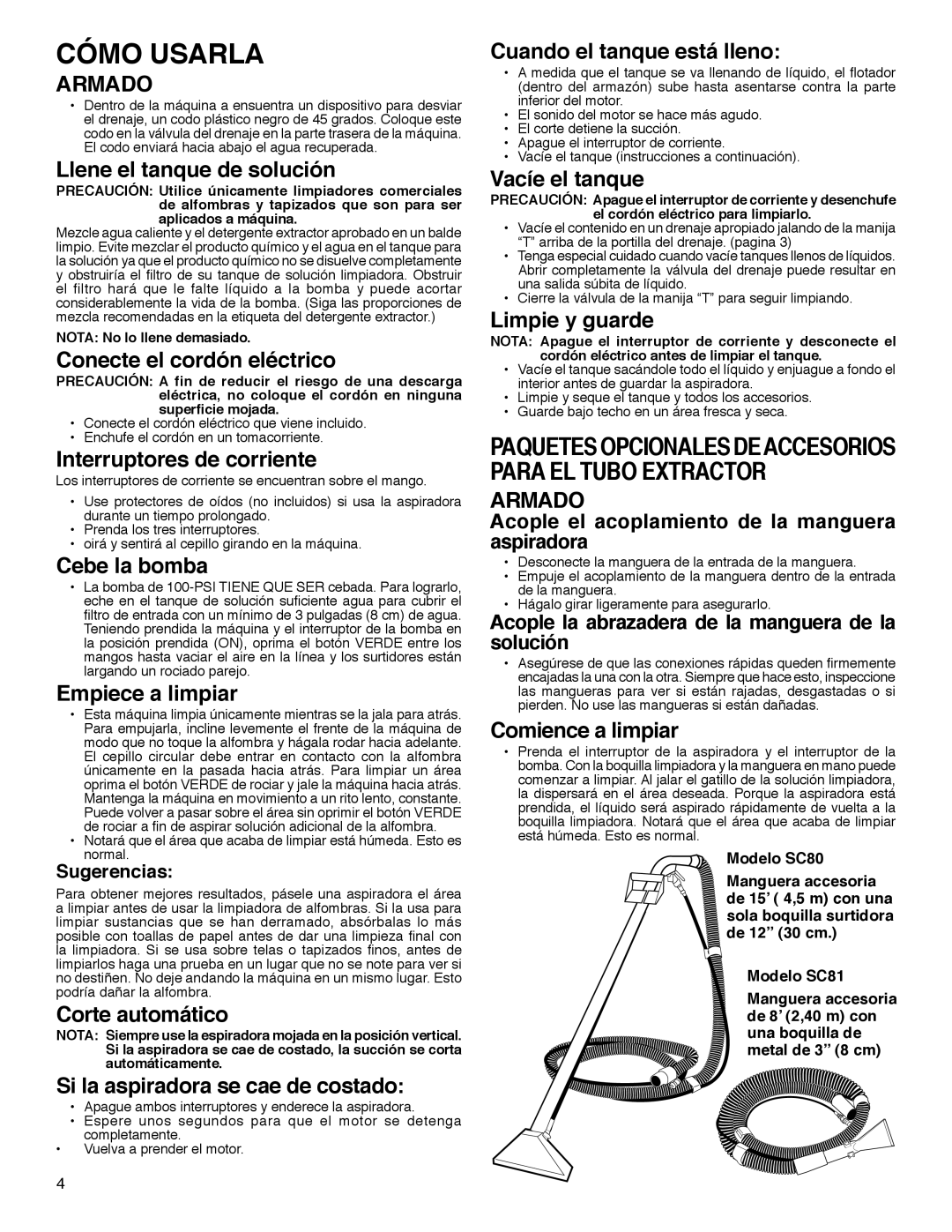 Sanitaire SC6090 warranty Cómo Usarla, Armado 