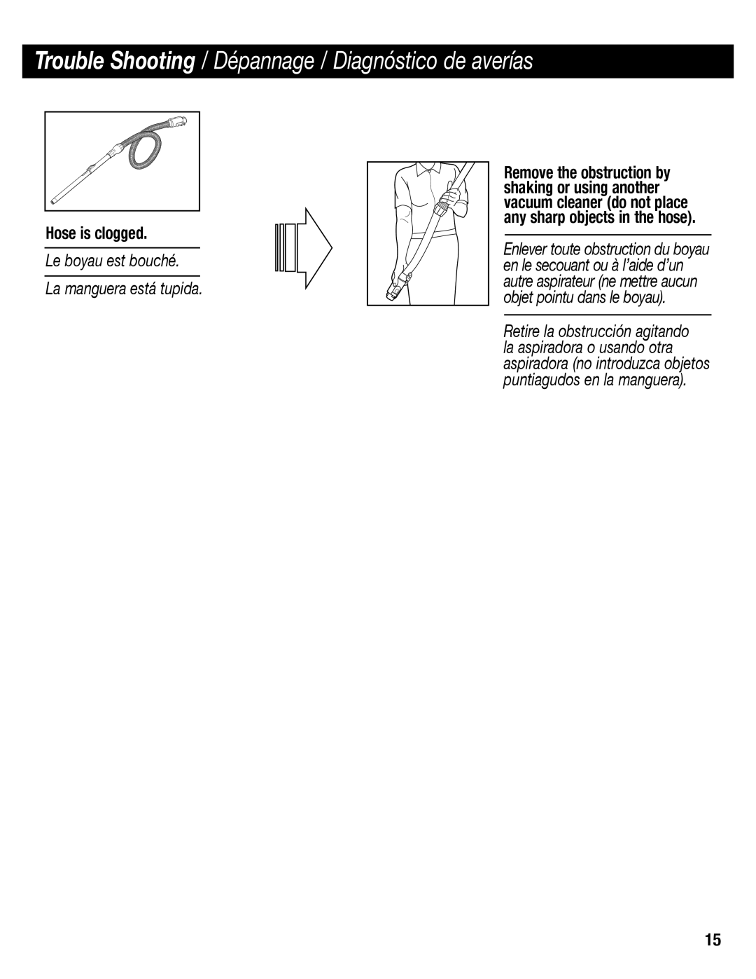 Sanitaire SC6600 manual Hose is clogged, Le boyau est bouché La manguera está tupida 