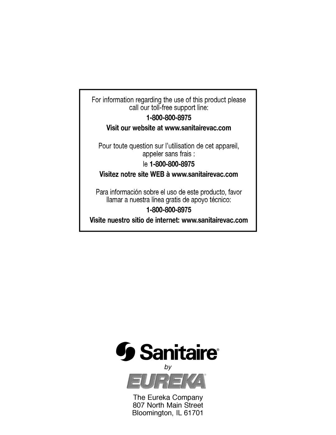 Sanitaire SC6600 manual Eureka Company North Main Street Bloomington, IL 