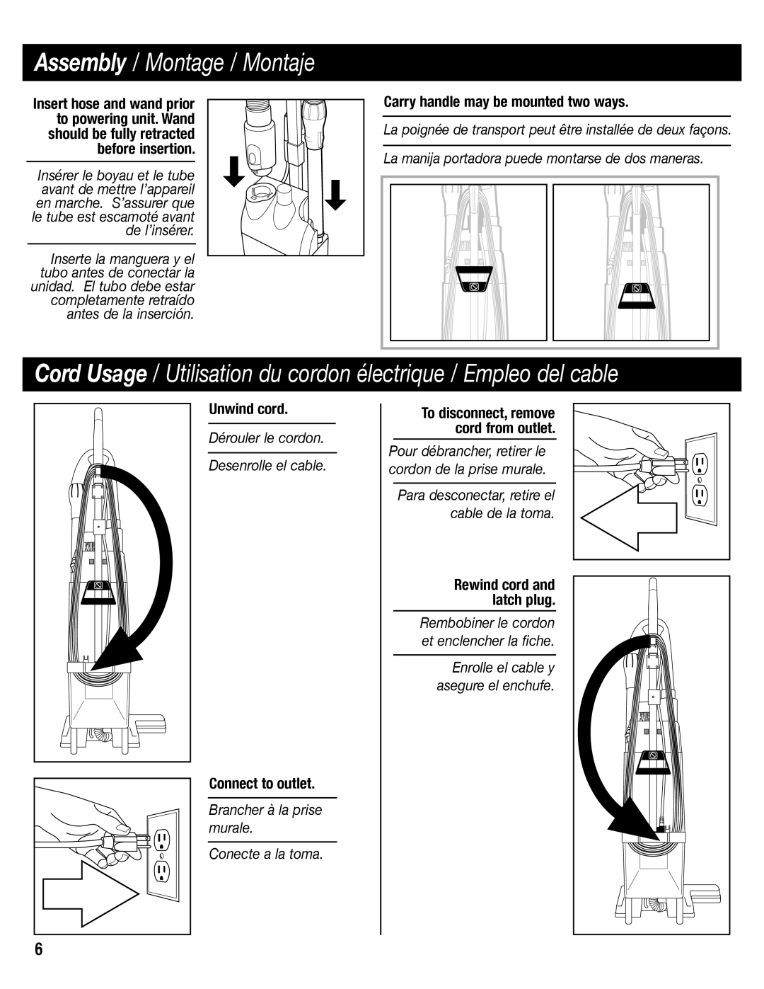 Sanitaire SC6600 manual Carry handle may be mounted two ways, Unwind cord, Connect to outlet 