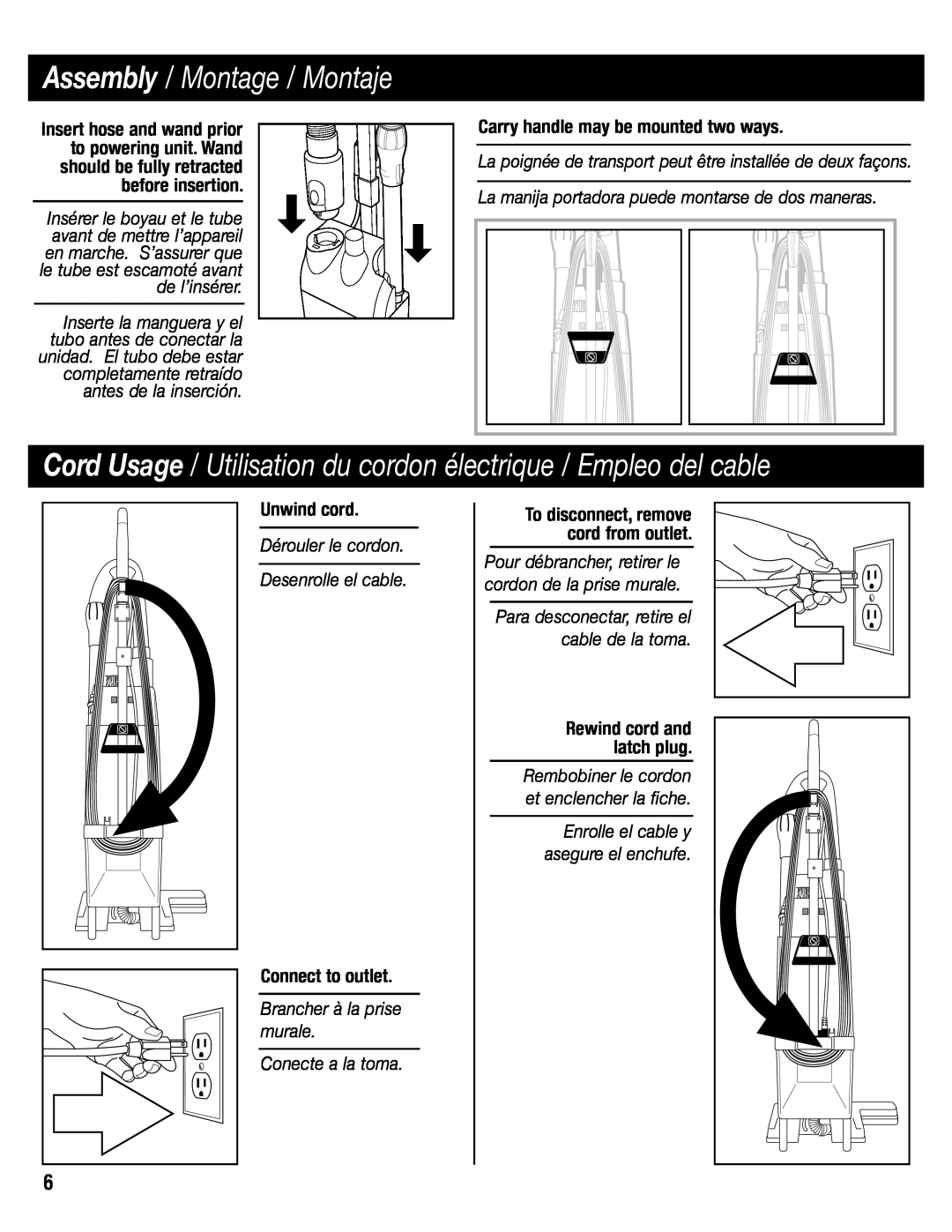 Sanitaire SC6600 manual Cord Usage / Utilisation du cordon électrique / Empleo del cable, Assembly / Montage / Montaje 