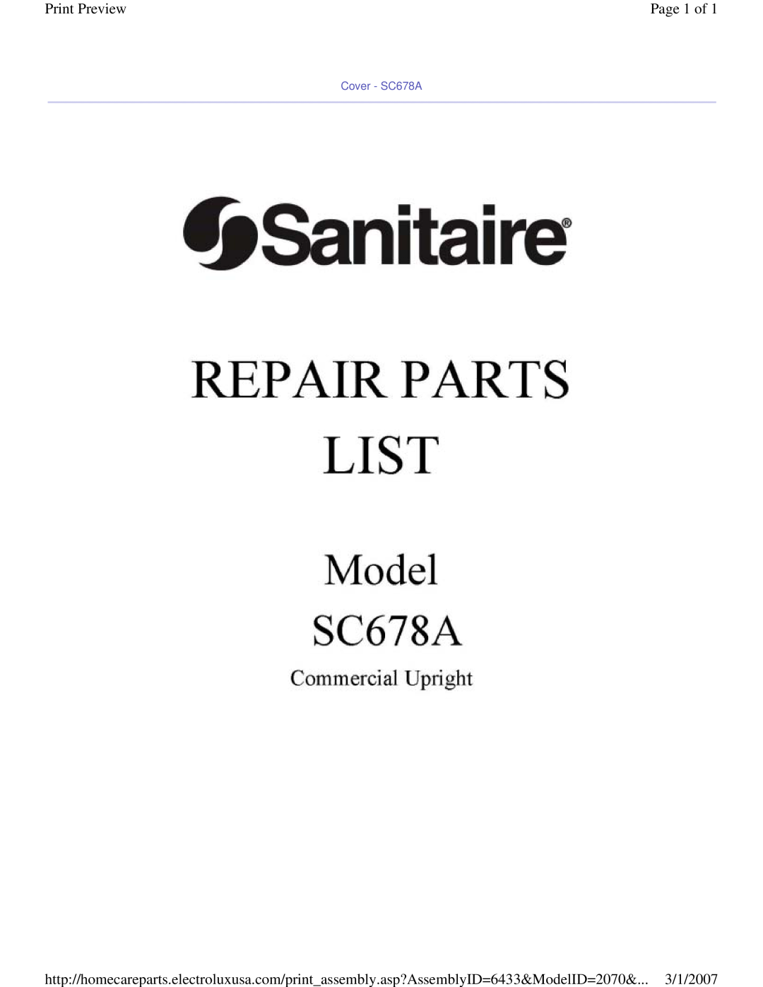 Sanitaire manual Print Preview, Page 1 of, Cover - SC678A 