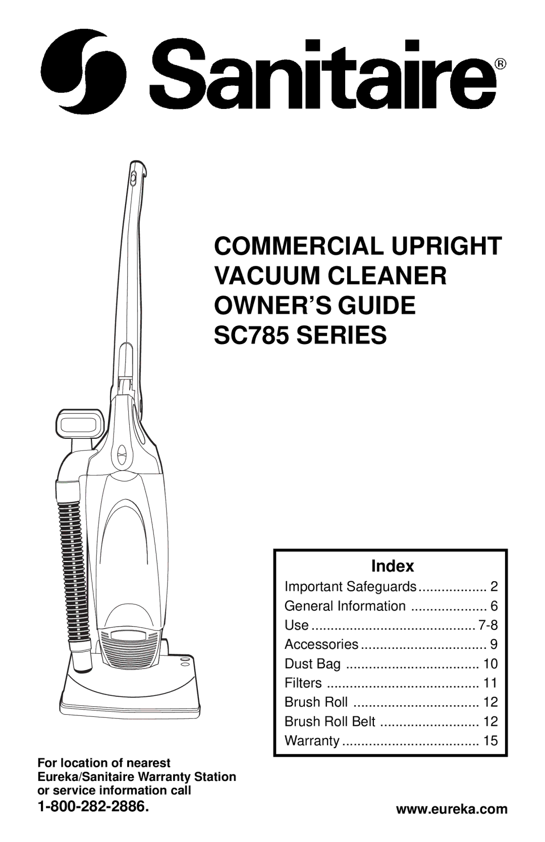 Sanitaire SC785 SERIES warranty Index, Important Safeguards 