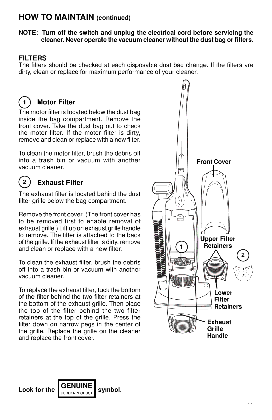 Sanitaire SC785 SERIES warranty HOW to Maintain, Filters, Motor Filter, Exhaust Filter, Genuine 