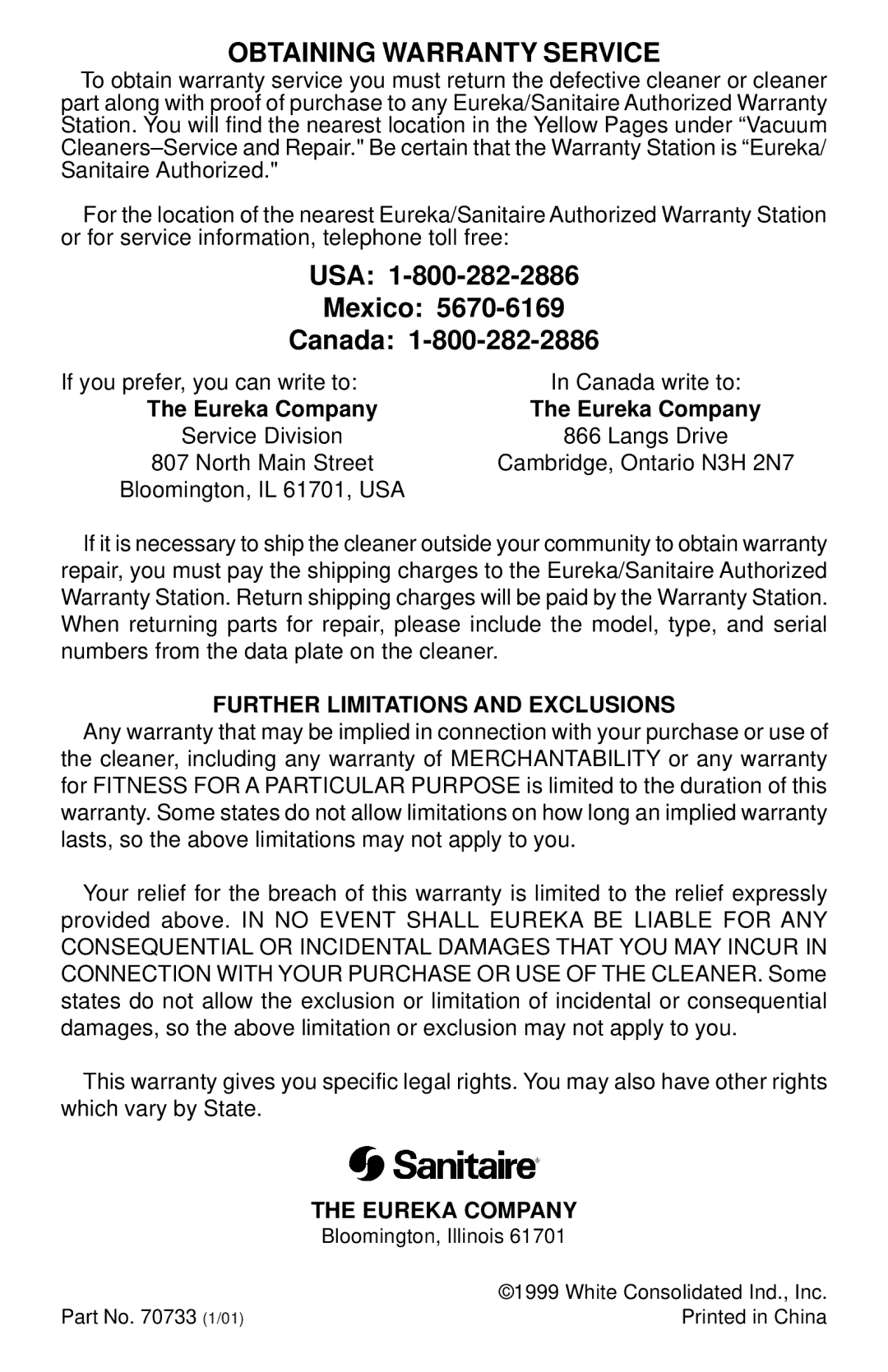 Sanitaire SC785 SERIES Obtaining Warranty Service, USA Mexico Canada, Eureka Company, Further Limitations and Exclusions 