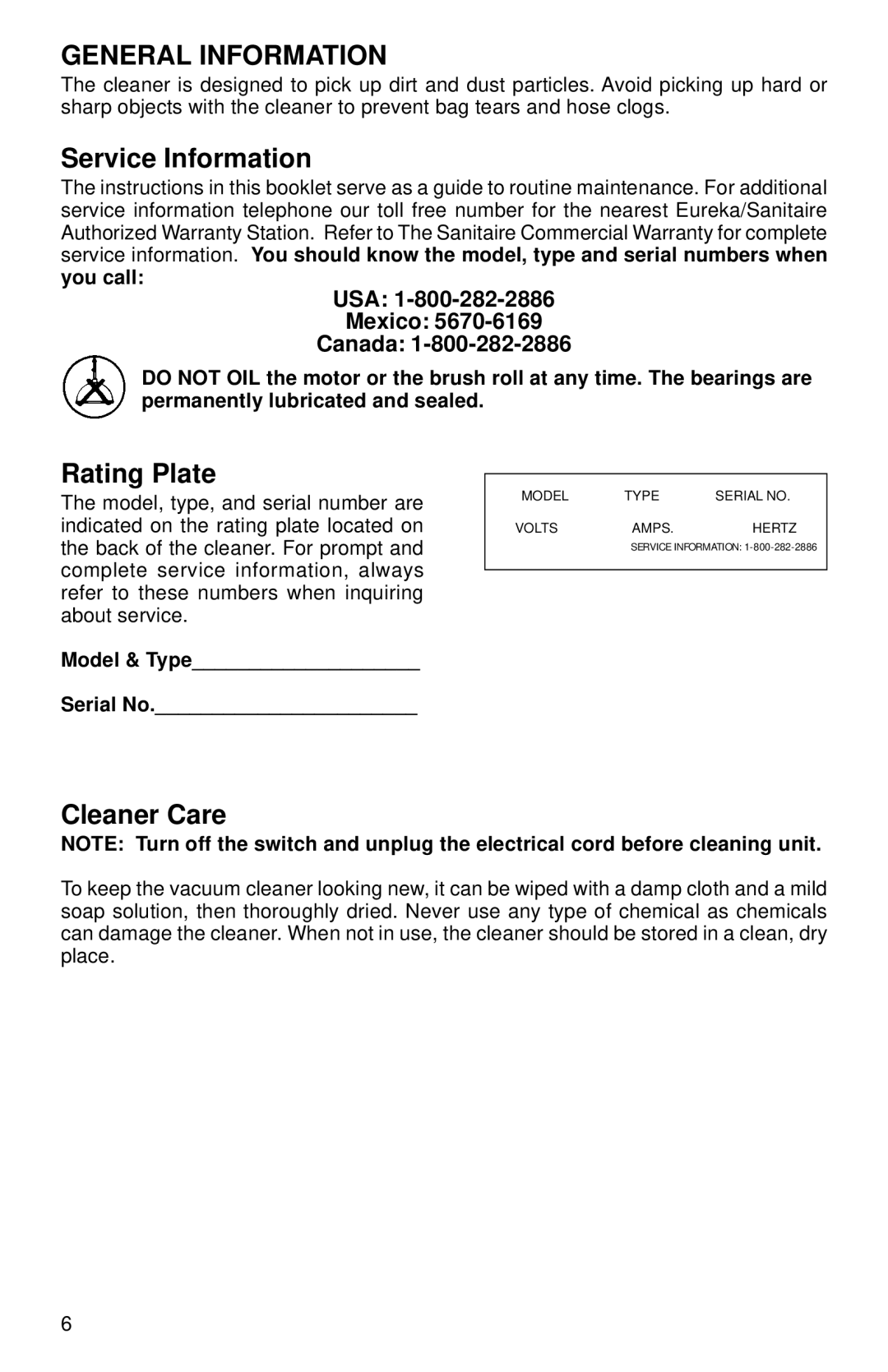 Sanitaire SC785 SERIES warranty General Information, Service Information, Rating Plate, Cleaner Care, USA Mexico Canada 