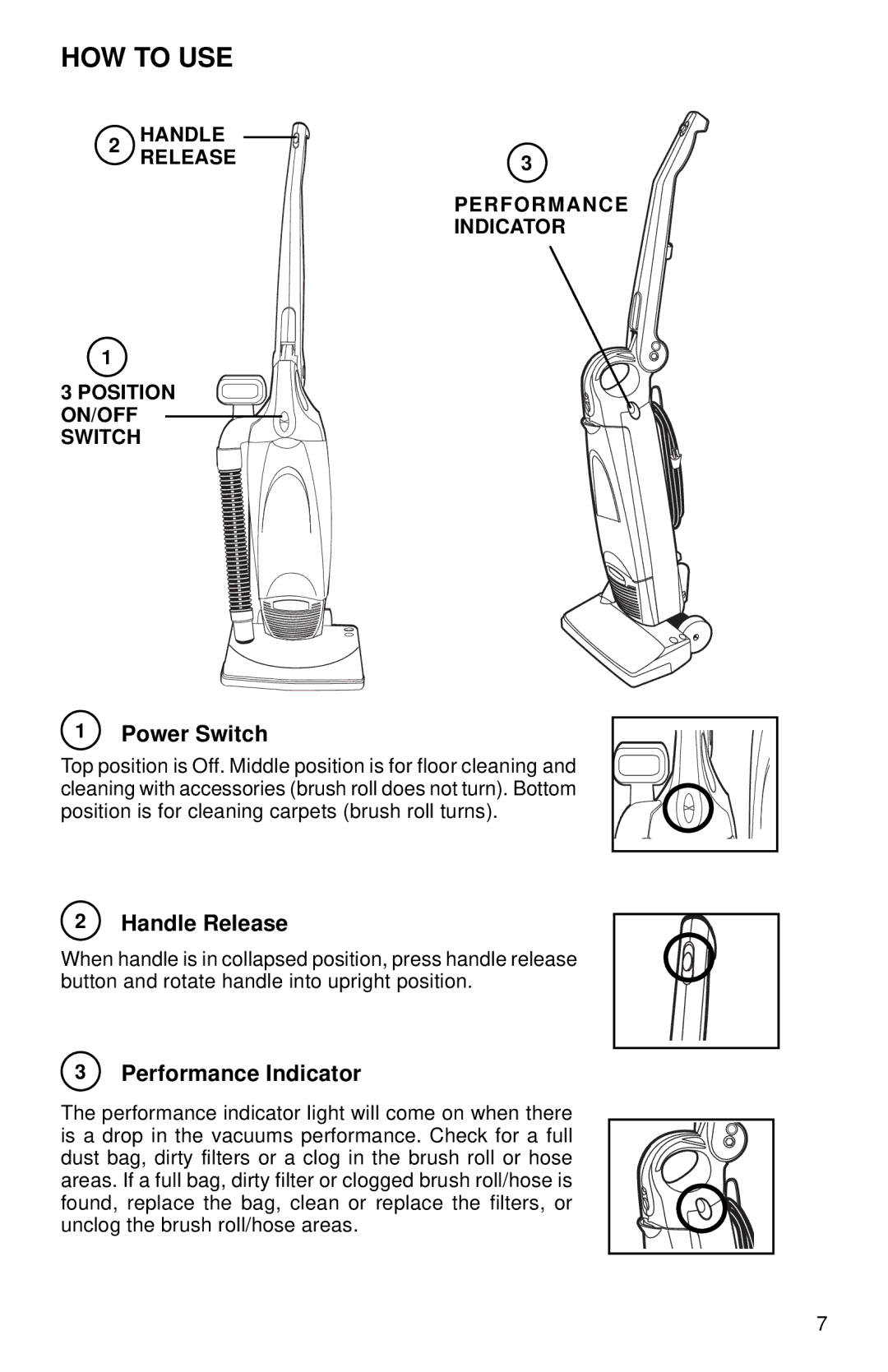 Sanitaire SC785 SERIES warranty HOW to USE, Power Switch, Handle Release, Performance Indicator 