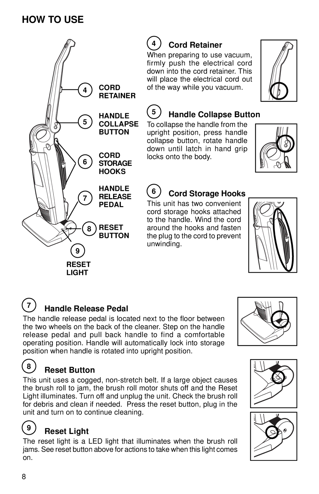 Sanitaire SC785 SERIES warranty Handle Collapse Button, Handle Release Pedal 