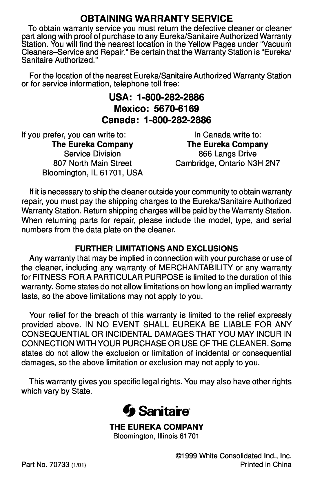 Sanitaire SC785 SERIES warranty Obtaining Warranty Service, USA Mexico Canada, The Eureka Company 