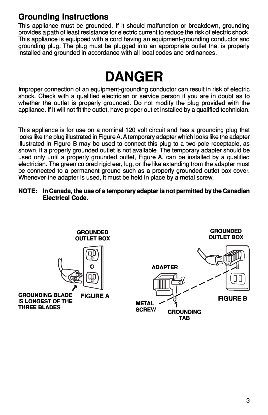 Sanitaire SC785 SERIES Danger, Grounding Instructions, Grounding Blade Is Longest Of The Three Blades, Grounded Outlet Box 