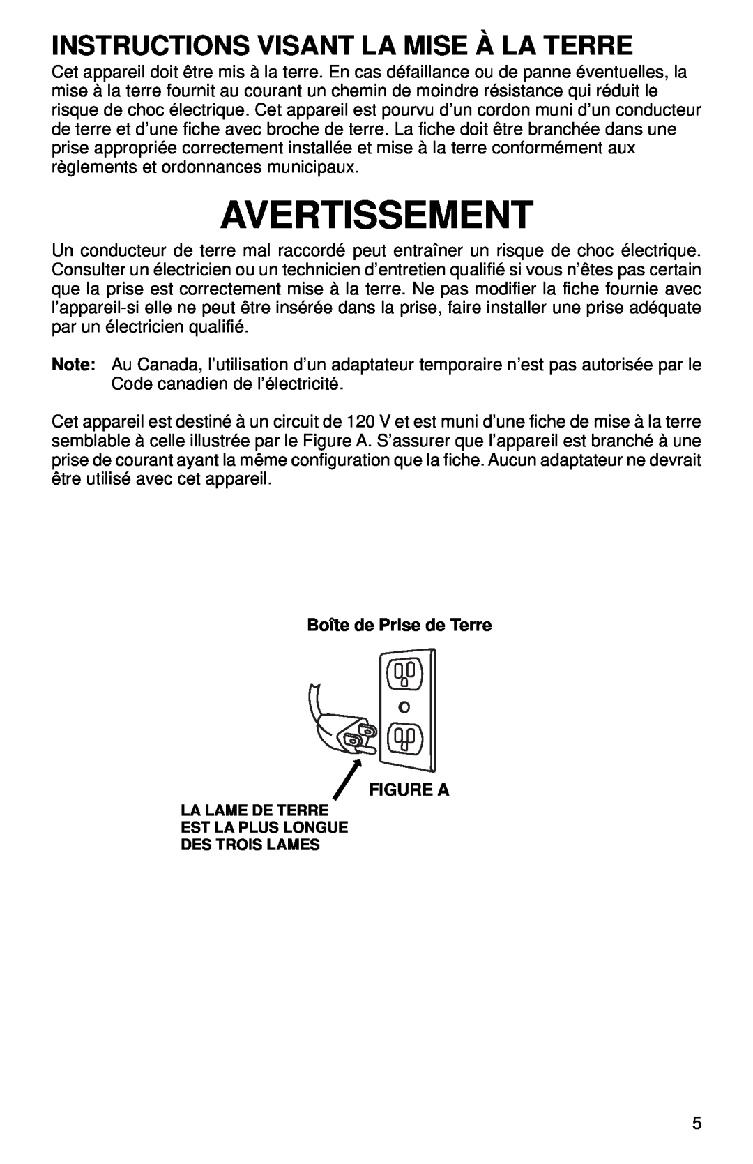 Sanitaire SC785 SERIES warranty Avertissement, Instructions Visant La Mise À La Terre 