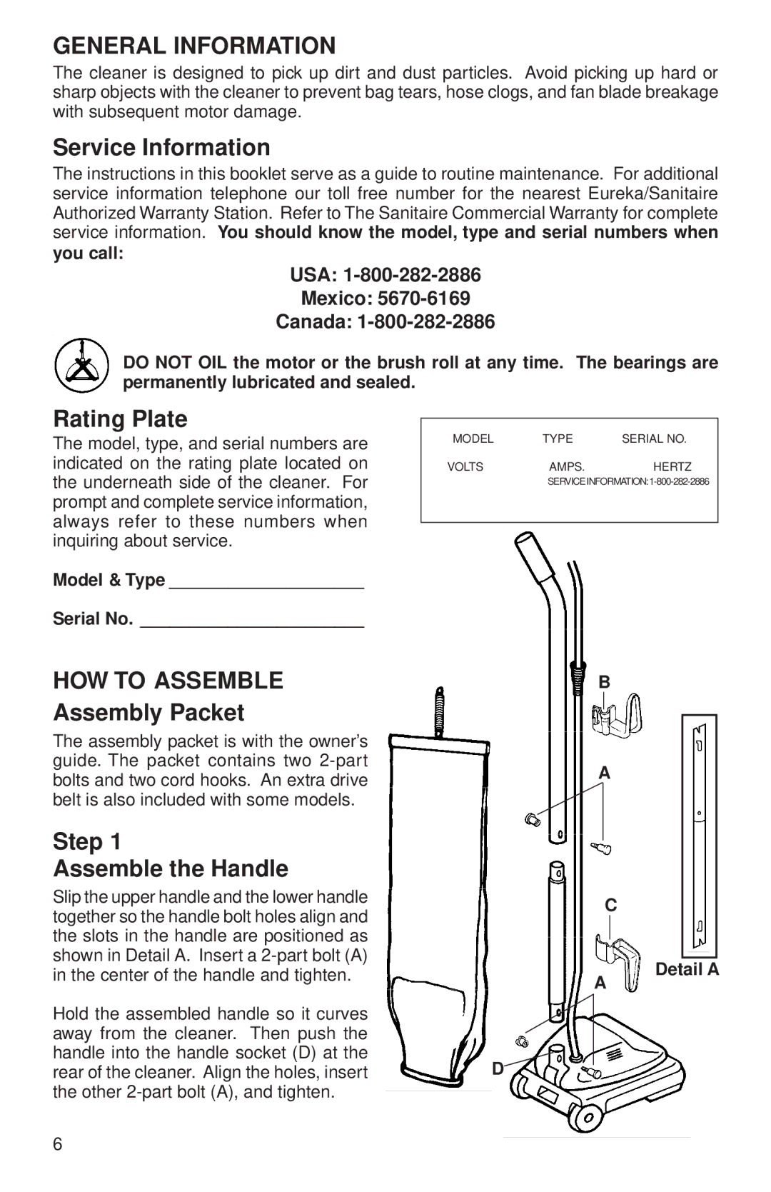 Sanitaire SC899 warranty General Information, HOW to Assemble 