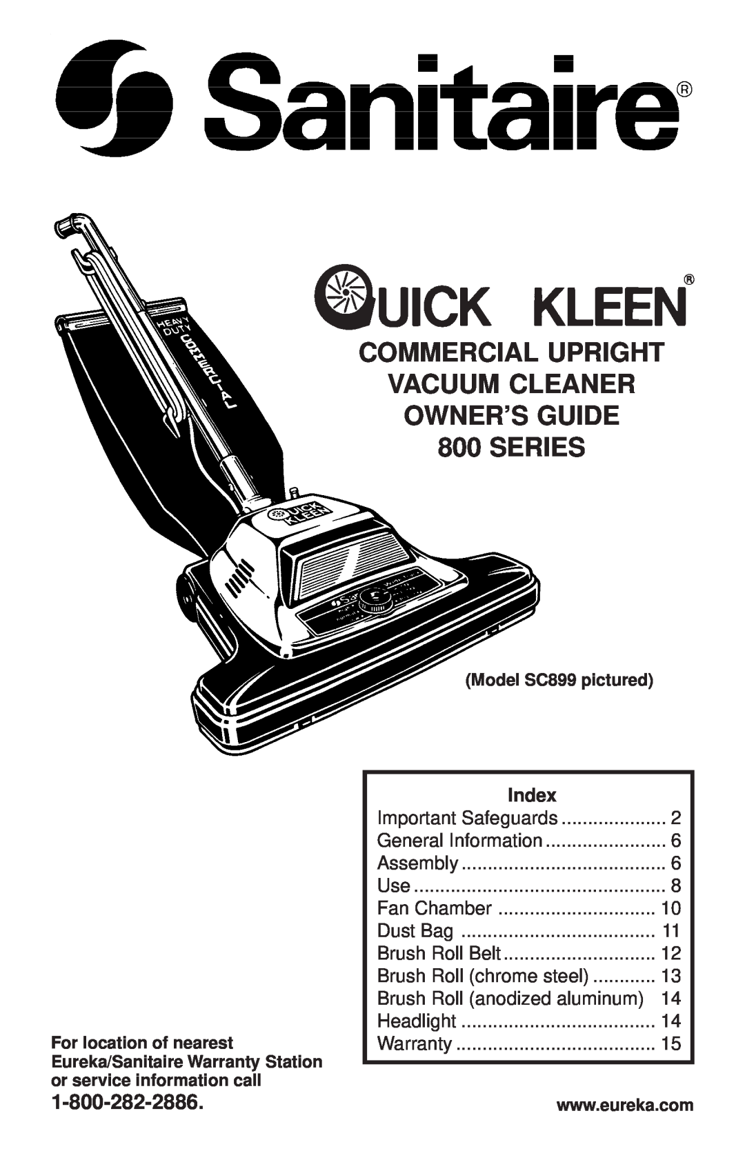 Sanitaire SC899 warranty Commercial Upright Vacuum Cleaner Owner’S Guide, Series, Index 